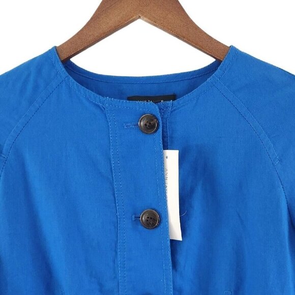 Ann Taylor Blue Embroidered Button Front Flounce Linen Blend Jacket Top XS NEW - Picture 3 of 8